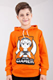 Rahat Kesim Kapüşonlu Gamer Baskılı Sweatshirt Turuncu