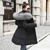 Barbora Kışlık Yaka Kürklü Uzun Kadın Şişme Mont bt122siyah11