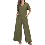 Barbora Zarif Kadin T-shirt ve Uzun Pantolon Alt Üst İkili Takım V Yaka Kısa Kollu Salaş Rahat Elbise  ln27haki2