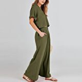 Barbora Zarif Kadin T-shirt ve Uzun Pantolon Alt Üst İkili Takım V Yaka Kısa Kollu Salaş Rahat Elbise  ln27haki2