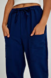 Barbora Keten Günlük Pantolon Beli Lastikli Bağcıklı Ln15lacivert7