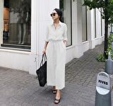 Barbora Keten Günlük Rahat Beli Bağcık Detaylı Uzun Kol Elbise LN07ekru1