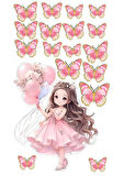 Kelebek ve Kız Yenilebilir Cupcake ve Pasta Resim Baskı
