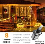 Sarı Tepe Yıldızlı Güneş Enerjili Yılbaşı LED Işığı, Kumanda ve Animasyonlu Noel  Ağaç Duvar Işığı 