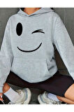 Gülen Emojili Baskılı Kapüşonlu Sweatshirt