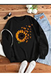 Kelebek Desenli Kapüşonlu Cepli Sweatshirt