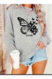 Kelebek Desenli Kapüşonlu Cepli Sweatshirt