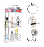 Banyo Aksesuar Seti 4 Lü Krom , Paslanmaz Düz Duş Rafı Şampuanlık Krom TŞ-03 