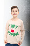 %100 Pamuklu Uzun Kollu Tiny Pomme Baskılı Kız ve Erkek Çocuk Unisex Tshirt Krem