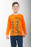 %100 Pamuklu Uzun Kollu Paws Up Baskılı Erkek Çocuk Tshirt Turuncu