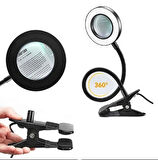 Akrobat Hareketli 5x Büyüteçli Led Işıklı Masa Çalışma Lambası -Klips Tipi-USB Kablolu