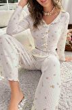 Merry See Özel Örme Kumaş Baskılı Uzun Kollu Pijama Takımı Çok Renkli