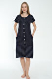 Kadın Çizgi Desenli Pamuklu Kısa Kollu Cepli Elbise