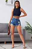 Kadın Lacivert Çapraz Bağlamalı Crop Top Büstiyer