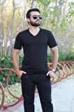 Siyah Slim Fit Düz Basic Kısa Kollu V Yaka İnce Erkek Tişört 20ETSHBSIC