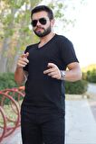 Siyah Slim Fit Düz Basic Kısa Kollu V Yaka İnce Erkek Tişört 20ETSHBSIC