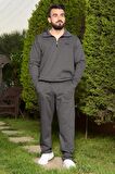 Koyu Gri Dik Balıkçı Yaka Rahat Kalıp Yarım Fermuarlı Erkek Eşofman Takım 21EESTYAKT