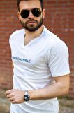 Beyaz Slim Fit Invisible Yazılı Kısa Kollu V Yaka Erkek Tişört 20ETSHNVSB