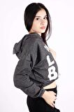 Antrasit Dont Look Back Ön Arka Yazı Baskılı Kapüşonlu Crop Kadın Sweatshirt 22KSWTDONT