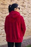 Kırmızı Peluş Yumoş Fermuarlı Kapüşonlu Cepli Welsoft Kadın Yelek 22KCKTERES