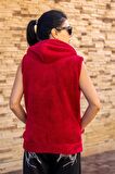 Kırmızı Peluş Yumoş Fermuarlı Kapüşonlu Kadın Yelek 22KYLKPELO