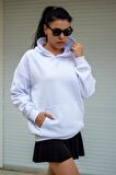 Beyaz Basic 3 Üç İplik Ekstra Kalın Kapüşonlu Kanguru Cep Uzun Kollu Kadın Sweatshirt 23KSWTUCPL