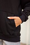 Siyah Basic 3 Üç İplik Ekstra Kalın Kapüşonlu Kanguru Cep Uzun Kollu Kadın Sweatshirt 23KSWTUCPL