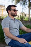 Erkek Gri Melanj Rahat %100 Pamuk Ribana Kol Polo Yaka T-Shirt 24EPLYPOPE