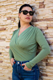Kadın Yeşil Kruvaze Kapamalı Sandy Kumaş Bluz 25KBLZ4058