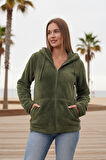 Kadın Haki Yeşil Peluş Yumoş Fermuarlı Kapüşonlu Cepli Welsoft Yelek 22KCKTERES