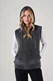 Kadın Koyu Gri Füme Peluş Yumoş Fermuarlı Kapüşonlu Welsfot Yelek 22KYLKPELO
