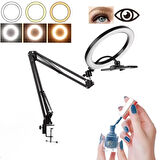 Akrobat Hareketli 3 Renkli Led Halka Selfie Make Up Eğitim Çekim Lambası Telefon Tutuculu Led Halka Masa Lambası Mengeneli