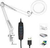 Akrobat Hareketli 8X Büyüteçli Led Işıklı Masa Çalışma Lambası - Mengeneli (Beyaz)