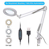 Akrobat Hareketli 8X Büyüteçli Led Işıklı Masa Çalışma Lambası - Mengeneli (Beyaz)