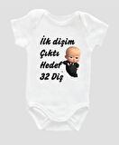 Organik %100 Pamuk İlk Dişim Çıktı Hedef 32 Diş Baskılı Bebek Body Badi Çıtçıtlı Zıbın ZBN122