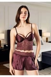 Kadın Mürdüm Saten & Dantel Detaylı Pijama Takımı - Rahat & Konforlu Ev Giyimi