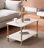 Reyo Orta Sehpa Dikdörtgen Ahşap Ayaklı Iki Katlı Gazetelikli Krem Mermer Desenli Beyaz