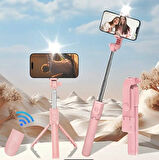 RENKLİ Selfie Uzaktan Kumandalı Ayarlanabilir Selfie Çubuğu 60CM Işıklı tripod -PEMBE-