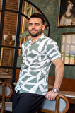 Erkek Yeşil Beyaz Batik Desen Esnek Krep Bürümcük Kumaş İnce Gömlek 25EGMLGIMM