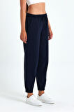 Kadın Lacivert Pamuklu Kalın Paçası Lastikli Yüksek Bel Rahat Jogger Eşofman Altı