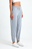 Kadın Gri Pamuklu Kalın Paçası Lastikli Yüksek Bel Rahat Jogger Eşofman Altı