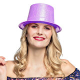 Floresan Mor Renk Simli Uzun Fötr Melon Şapka 12 Cm