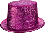 Fuşya Pembe Renk Parıltılı Simli Fötr Silindir Parti Şapkası