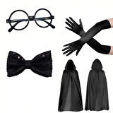 Siyah Kapüşonlu Büyücü Ve Cadı Pelerin Kostüm Seti (4 Parça)
