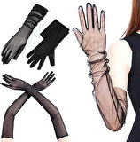 Uzun Boy Likralı Siyah Renk Yetişkin Mega Tül Eldiven 53 Cm