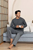 Erkek Düğmesiz Çizgili Jakar Kumaş Mevsimlik Kol Manşetli Uzun Kol Cepli Pijama Takımı