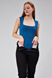 Astarlı Sıfır Kol Kare Yaka Dekolteli Çıtçıtlı Bodysuit