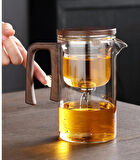 Sihirli Bitki Çayı Yaprak Çay İçin Demlikli Şeffaf Çaydanlık Bambu Çay Demleme Cam Filtreli 2 li Fincan Set