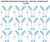 samur parti parti aksesuar & kostüm Mavi Tavşan Kostüm Seti – Taç, Papyon, Ponpon (12’li Paket)