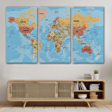 Harita Sepeti Dünya Haritası Türkçe Kanvas Tablo Ayrıntılı Dekoratif-Okyanuslu 2162